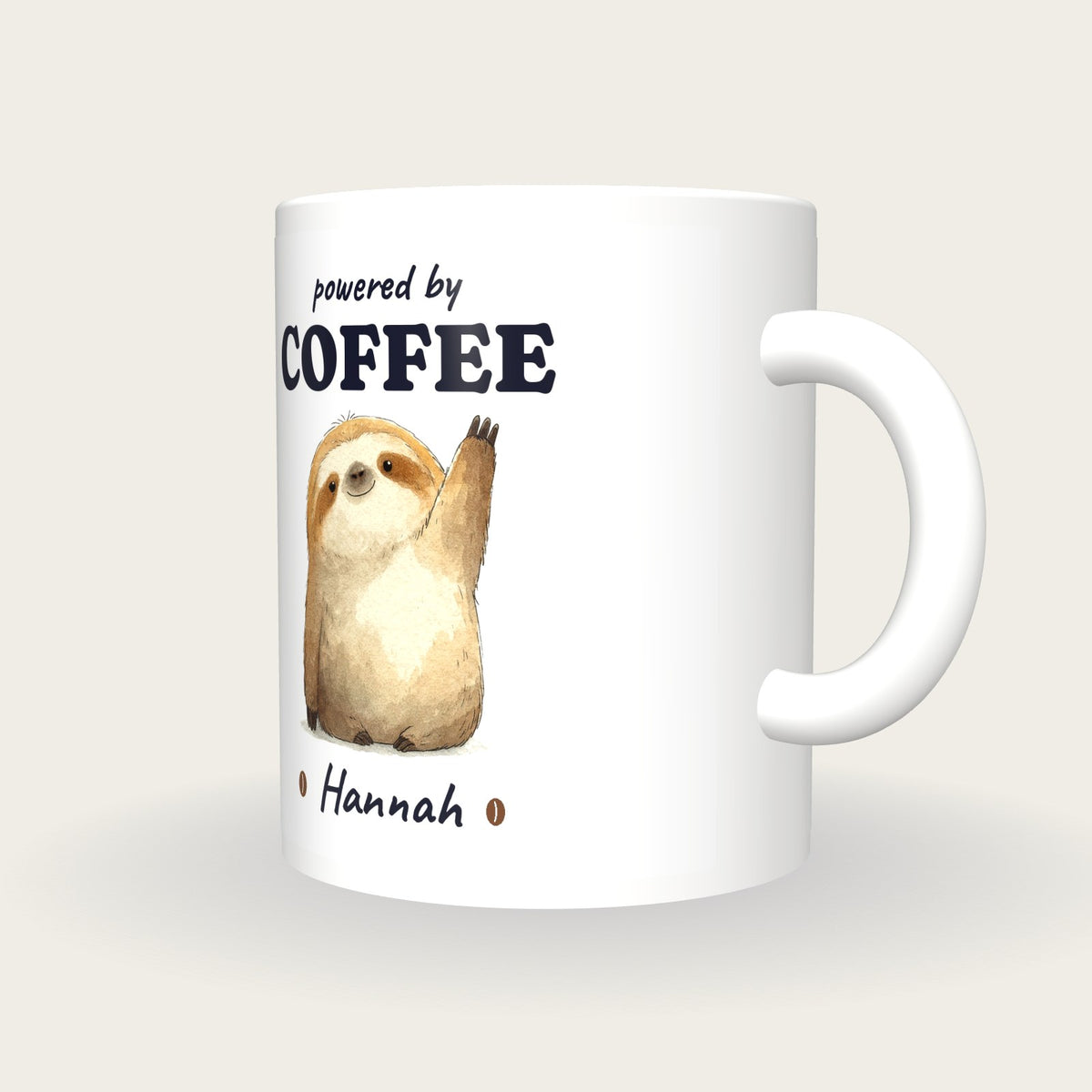 Personalised Coffee Sloth Mug, Powered By Coffee, three-quarter view