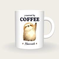 Personalised Coffee Sloth Mug, Powered By Coffee, front