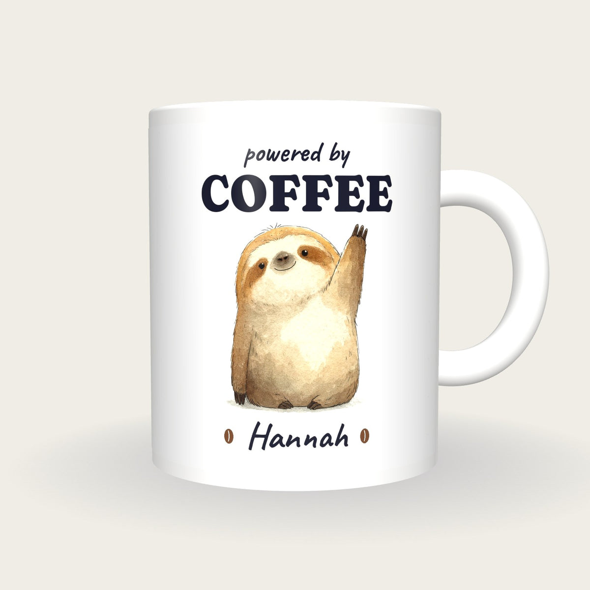 Personalised Coffee Sloth Mug, Powered By Coffee, front