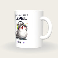 Personalised Gamer Raccoon Mug, Just One More Level, three-quarter view