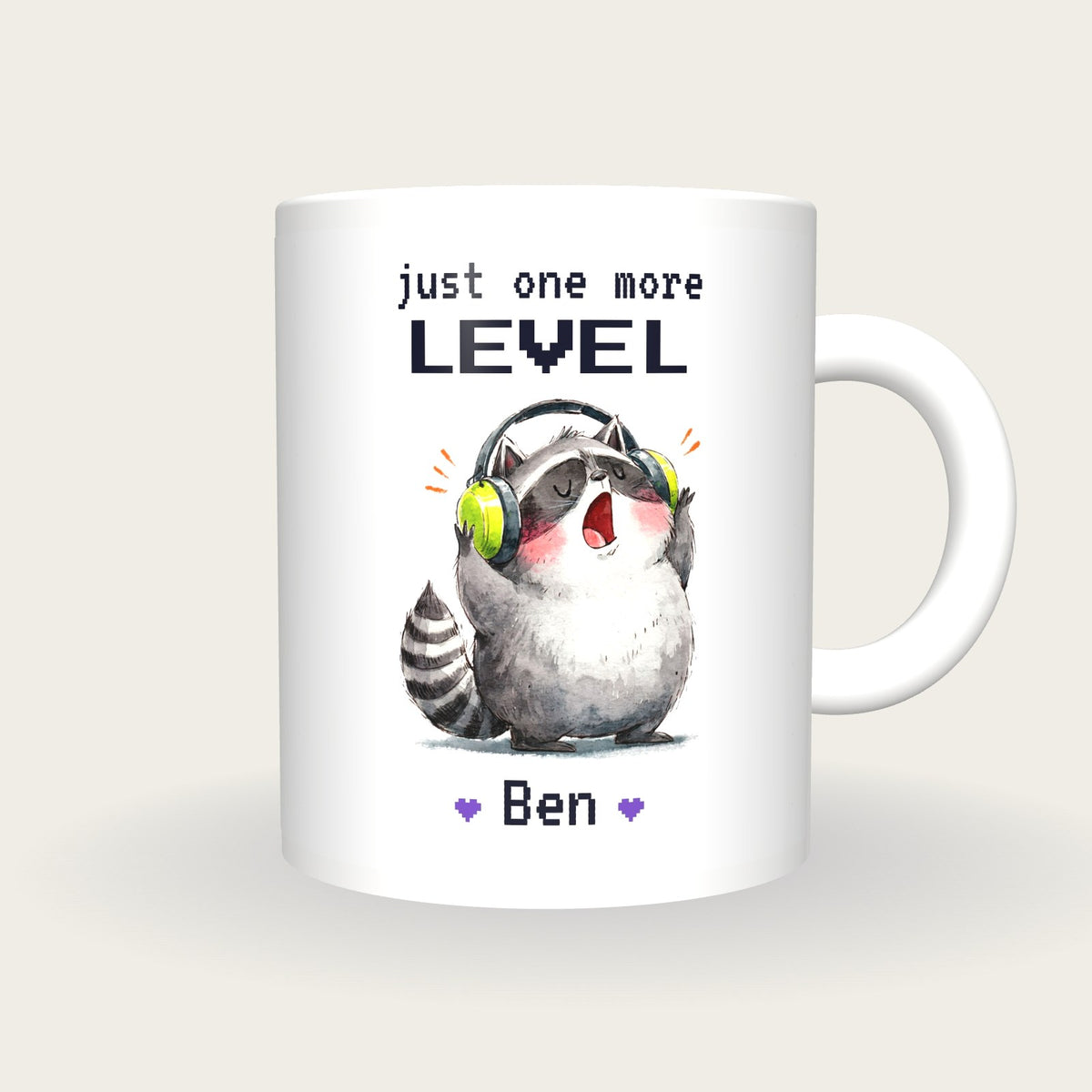 Personalised Gamer Raccoon Mug, Just One More Level, front
