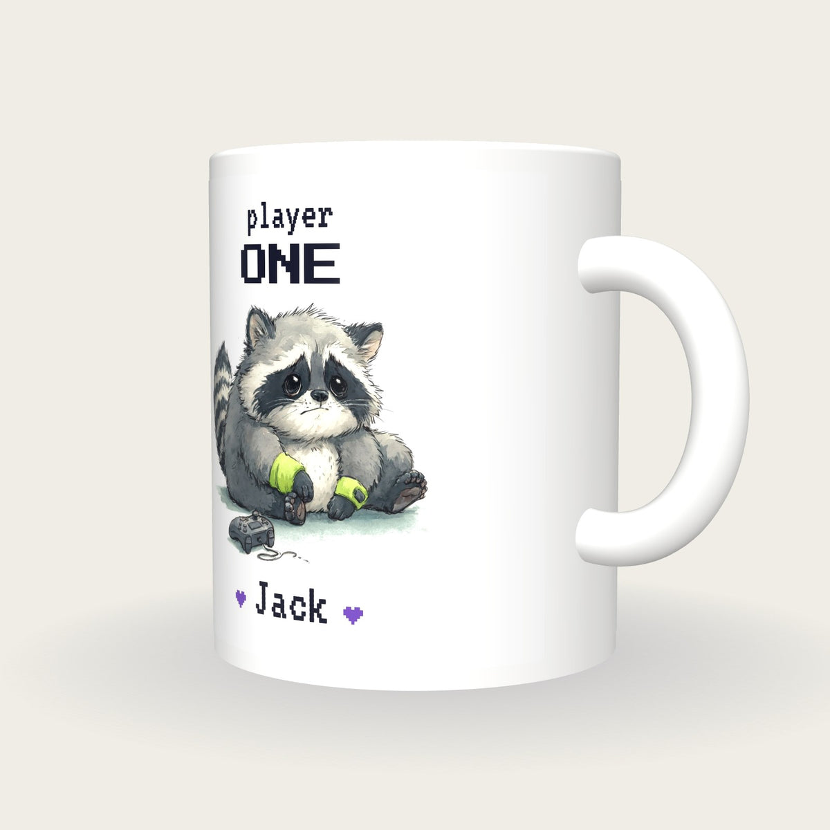 Personalised Gamer Raccoon Mug, Player One, three-quarter view