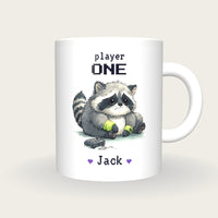 Personalised Gamer Raccoon Mug, Player One, front