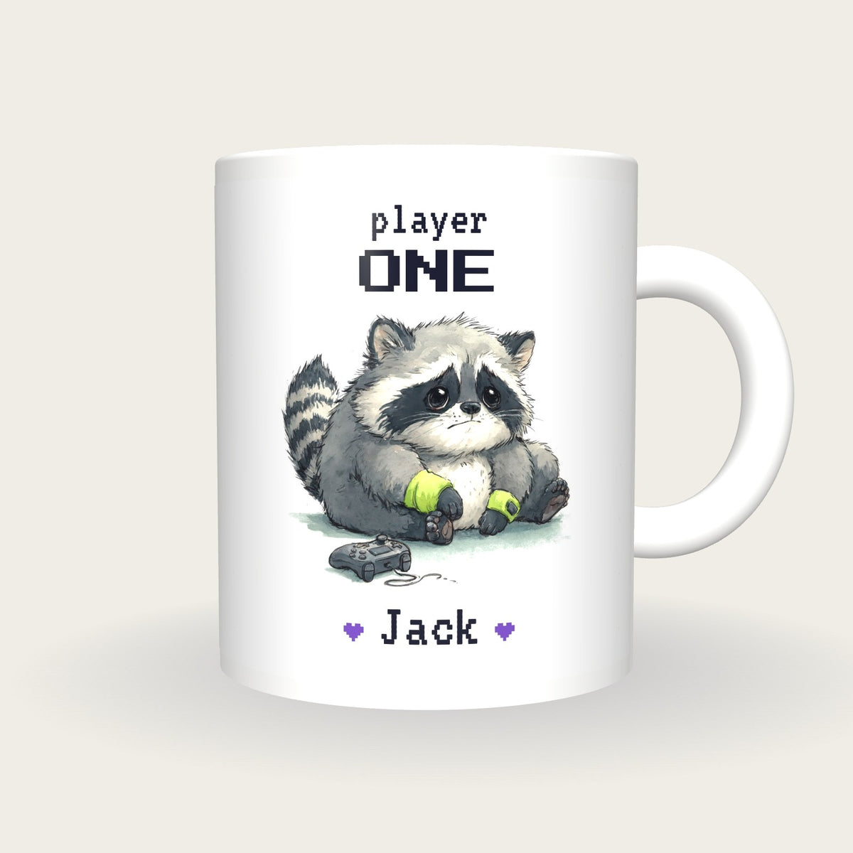 Personalised Gamer Raccoon Mug, Player One, front