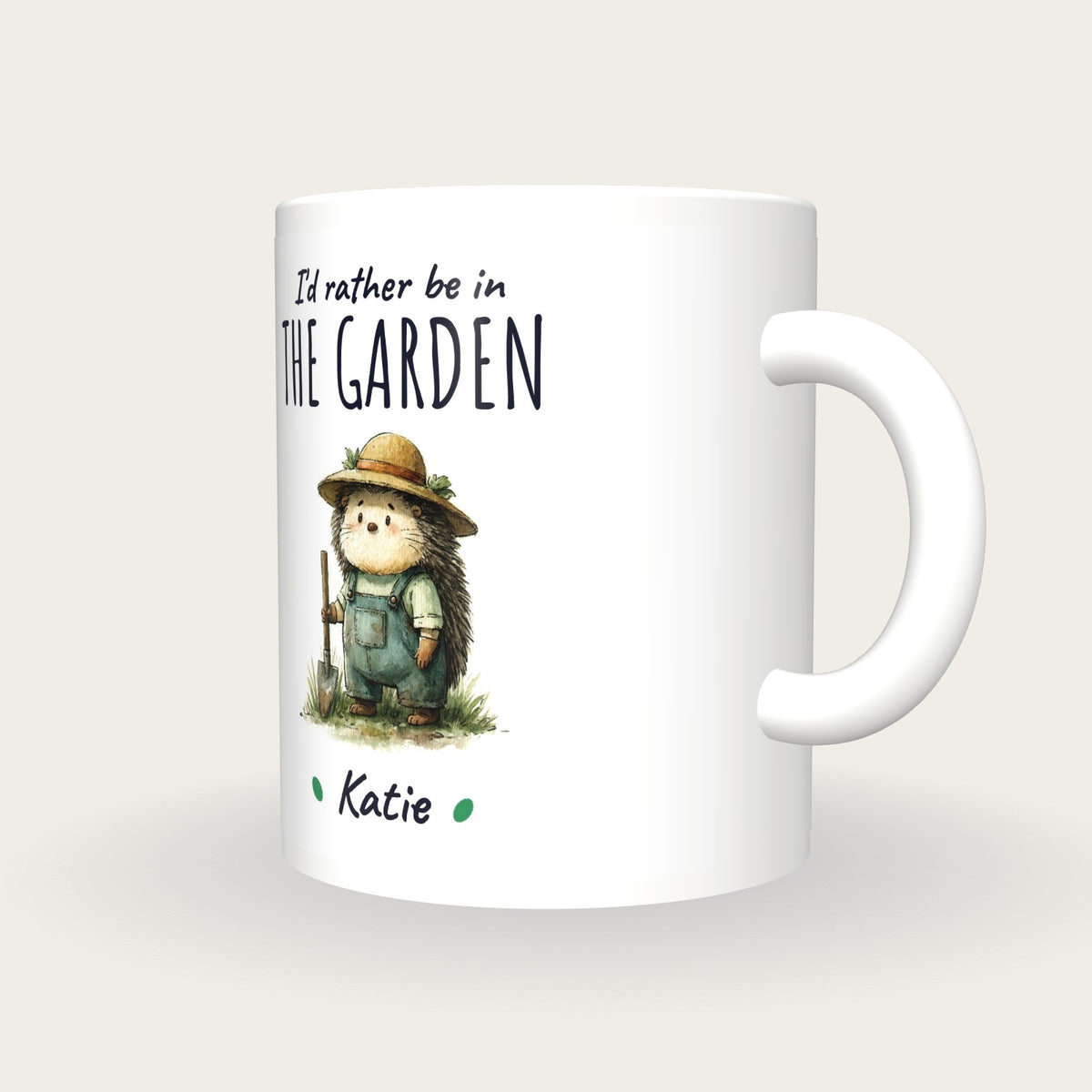 Personalised Gardener Hedgehog Mug, I'd Rather Be In The Garden, three-quarter view