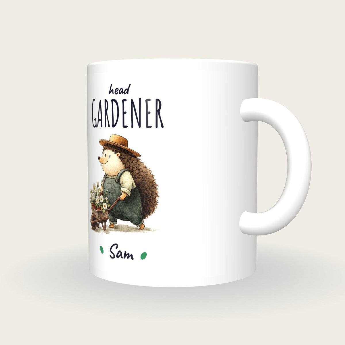 Personalised Gardener Hedgehog Mug, Head Gardener, three-quarter view