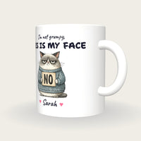 Personalised Grumpy Cat Mug, I'm Not Grumpy This Is My Face, three-quarter view