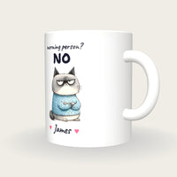 Personalised Grumpy Cat Mug, Morning Person No, three-quarter view