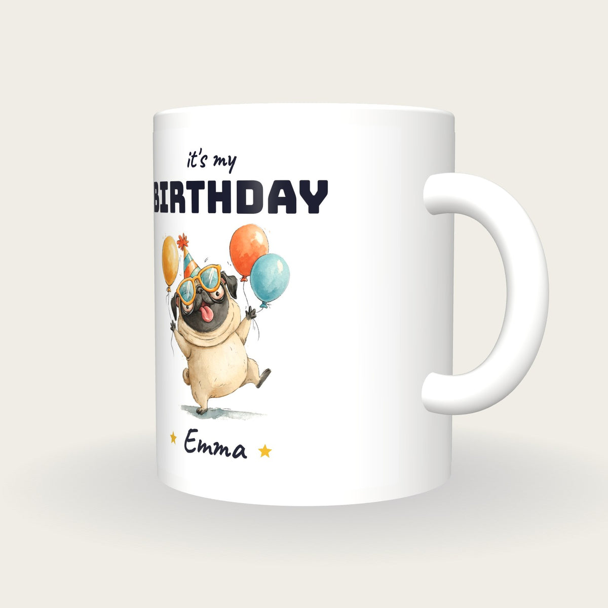Personalised Party Pug Mug, It's My Birthday, three-quarter view