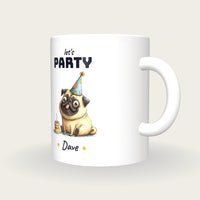 Personalised Party Pug Mug, Let's Party, three-quarter view