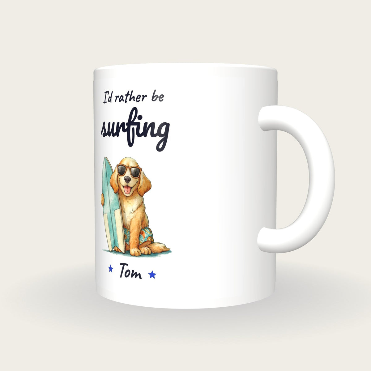 Personalised Surfer Dog Mug, I'd Rather Be Surfing, three-quarter view