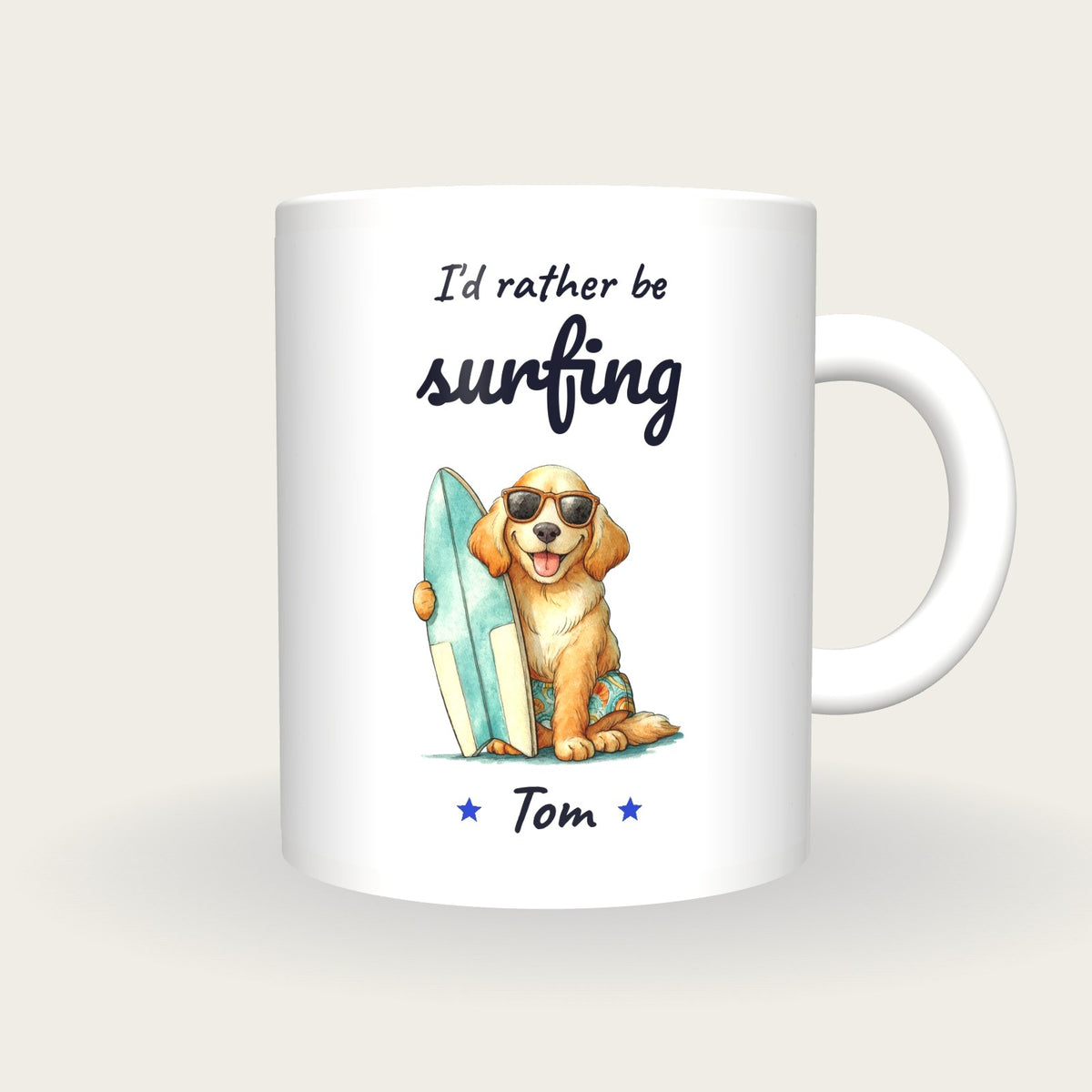 Personalised Surfer Dog Mug, I'd Rather Be Surfing, front