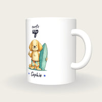Personalised Surfer Dog Mug, Surf's Up, three-quarter view