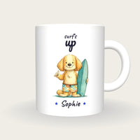 Personalised Surfer Dog Mug, Surf's Up, front