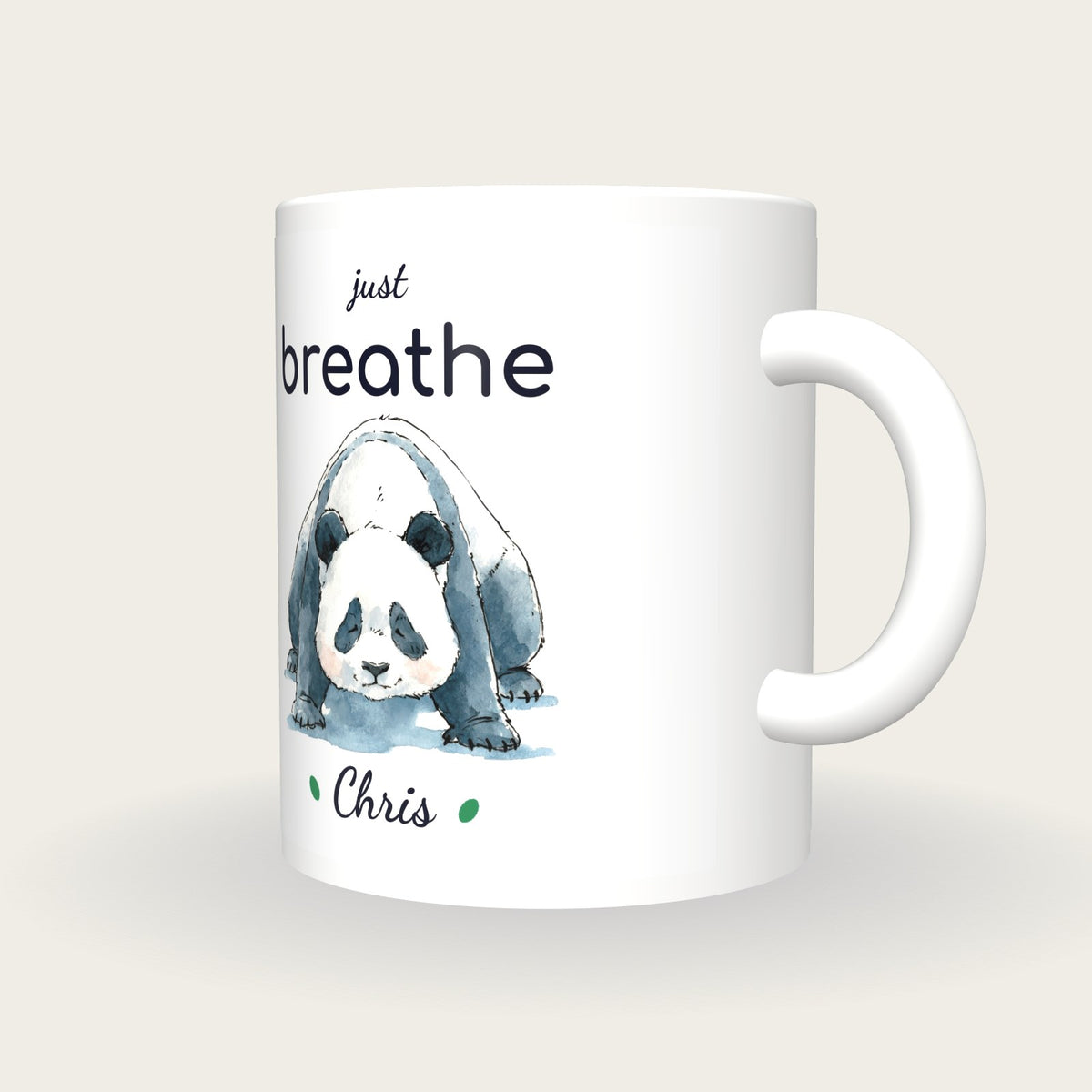 Personalised Yoga Panda Mug, Just Breathe, three-quarter view