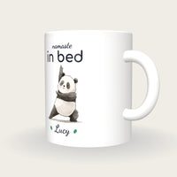 Personalised Yoga Panda Mug, Namaste In Bed, three-quarter view