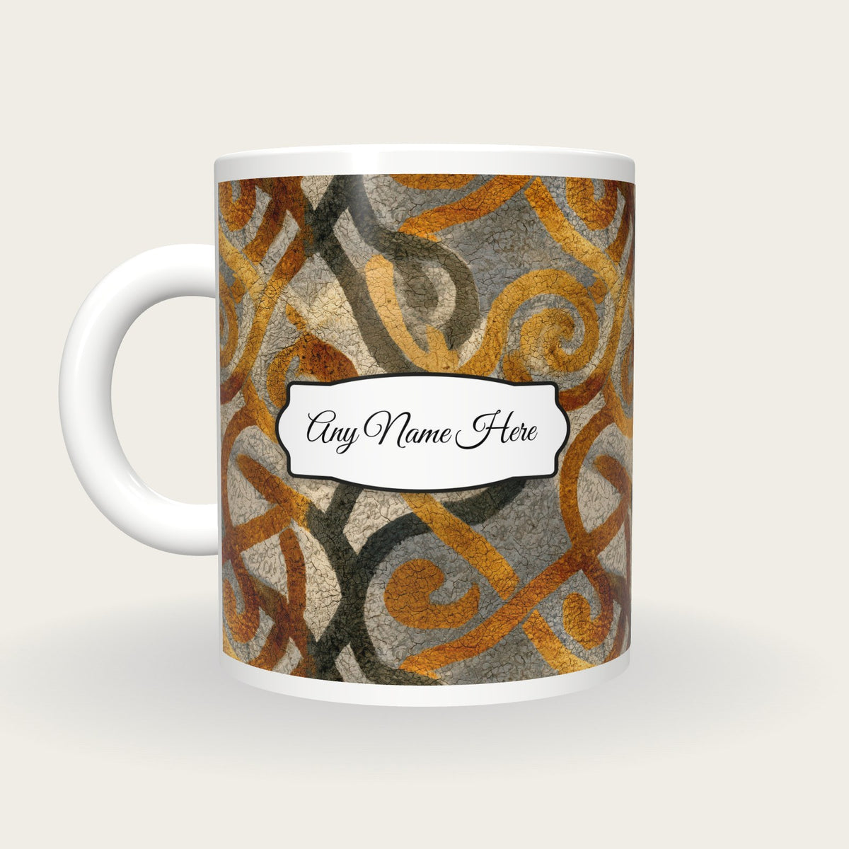 Batik Celtic Knot Animals Name Mug, back with the second name label