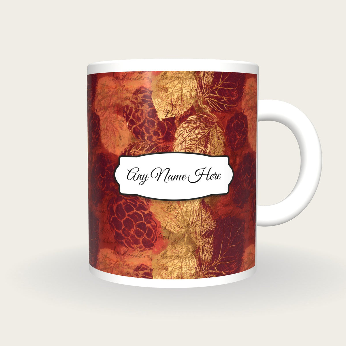 Drypoint Mulberries Name Mug, front with the name label