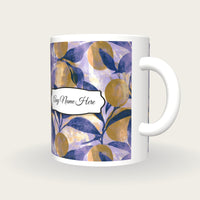 Woodblock Kumquat Name Mug, three-quarter view