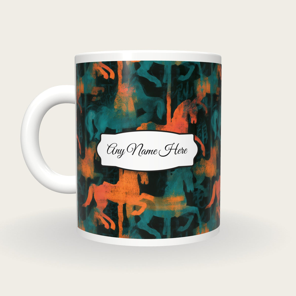 Gouache Carousel Horses Name Mug 2, back with the second name label