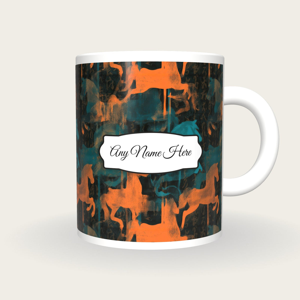Gouache Carousel Horses Name Mug, front with the name label