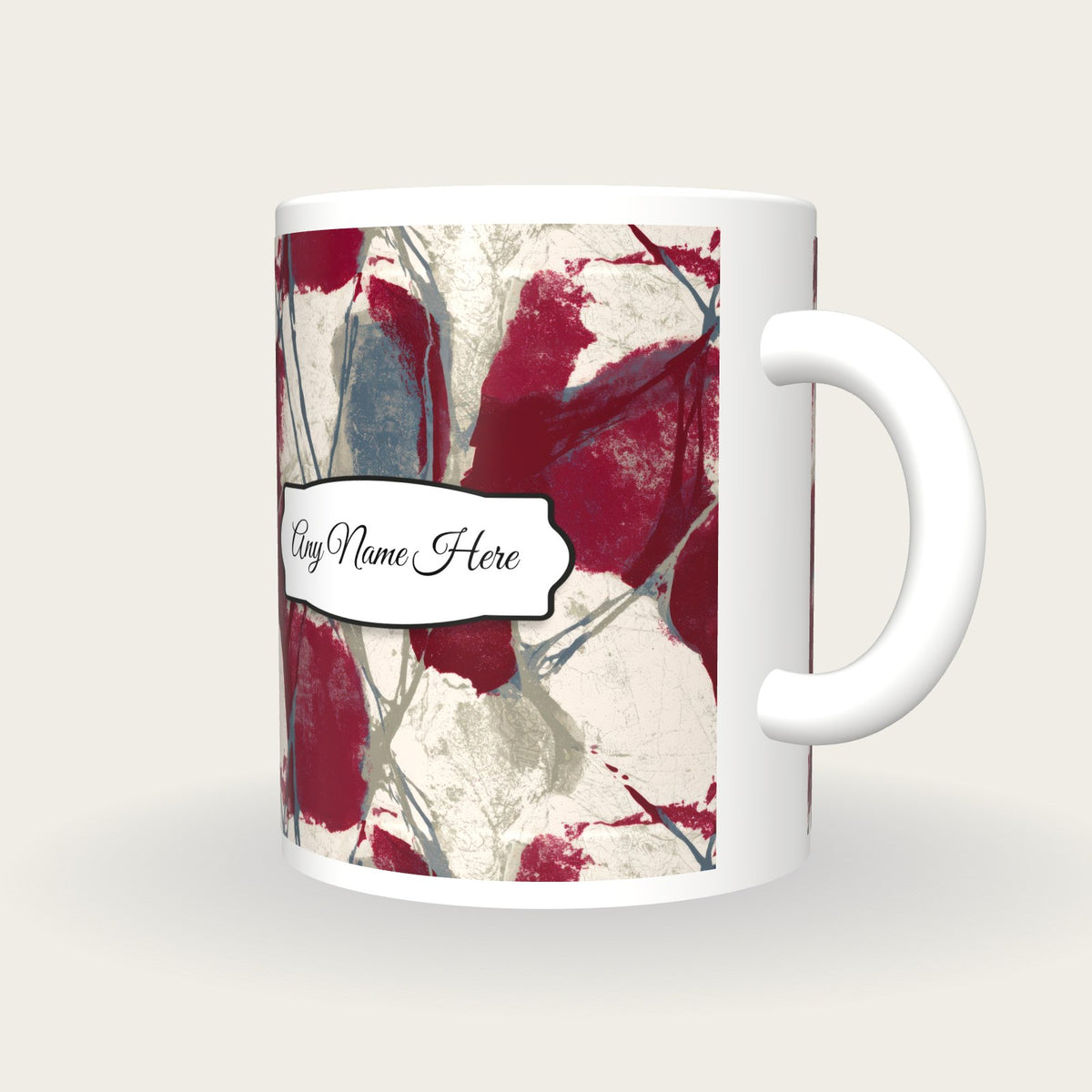 Woodblock Garnet Abstract Name Mug, three-quarter view