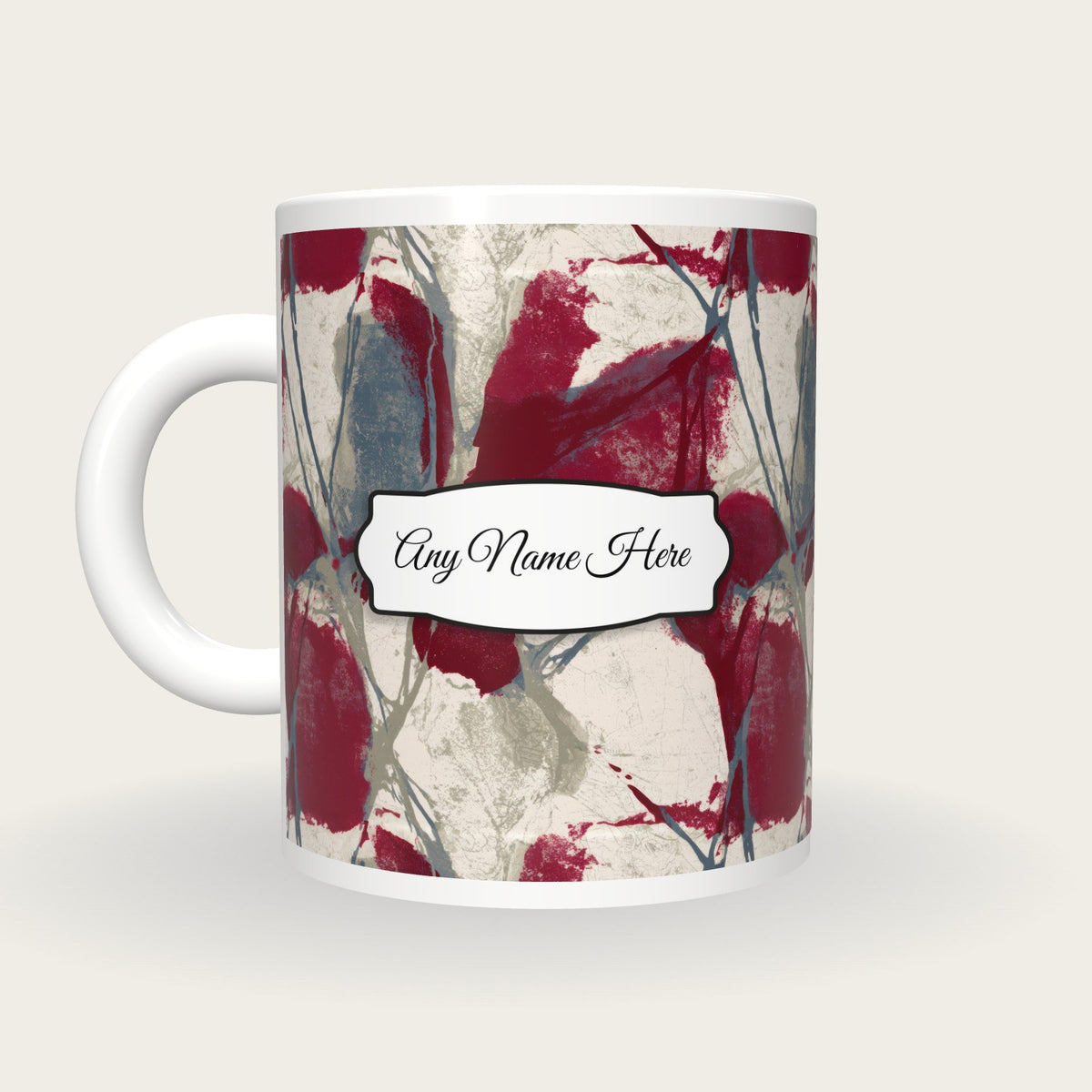Woodblock Garnet Abstract Name Mug, back with the second name label