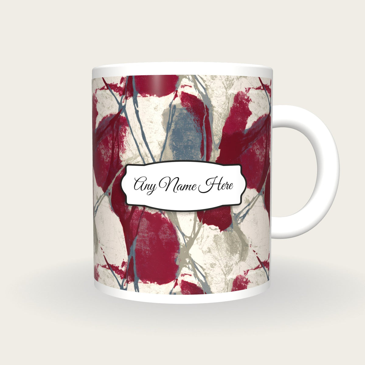Woodblock Garnet Abstract Name Mug, front with the name label