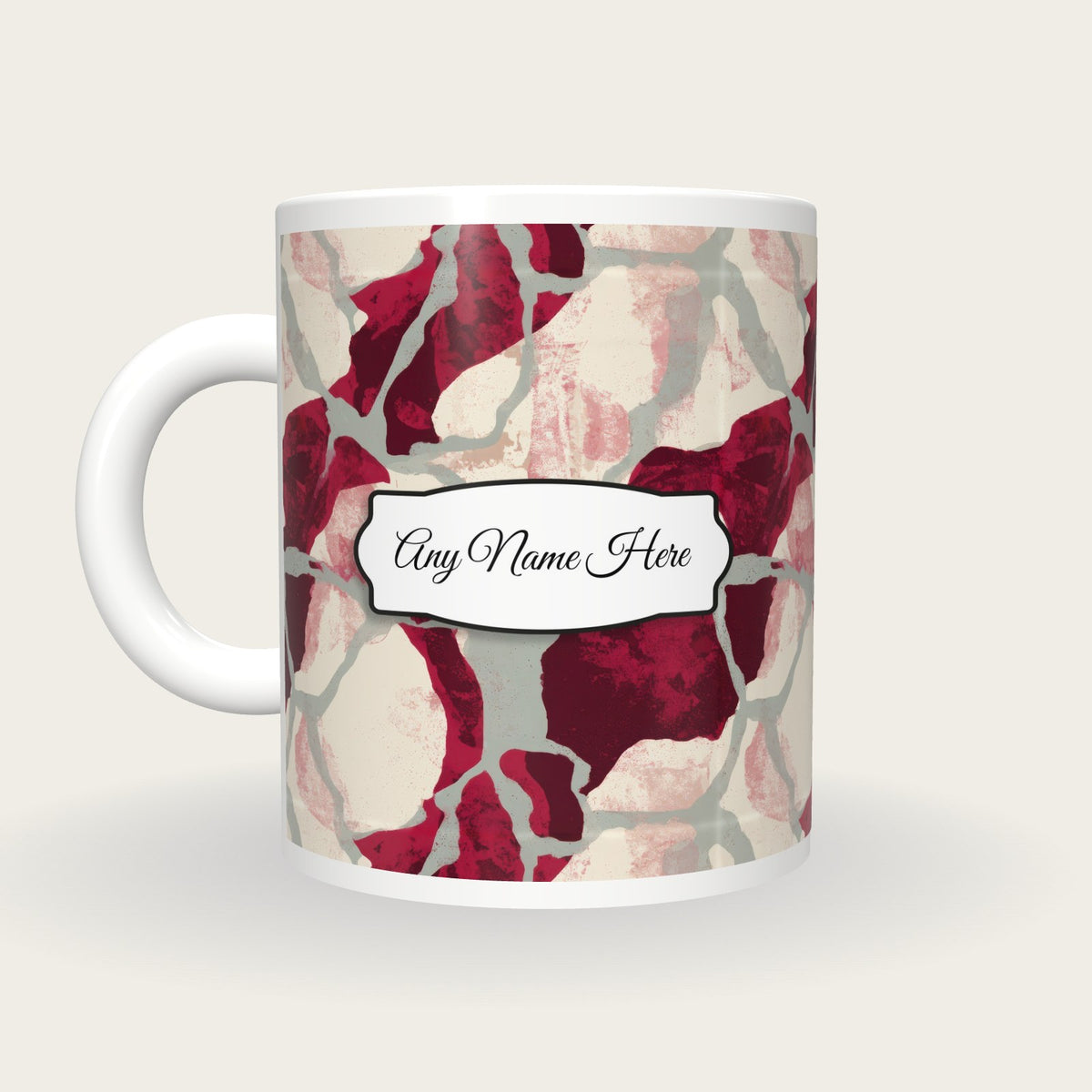 Woodblock Garnet Abstract Name Mug 2, back with the second name label
