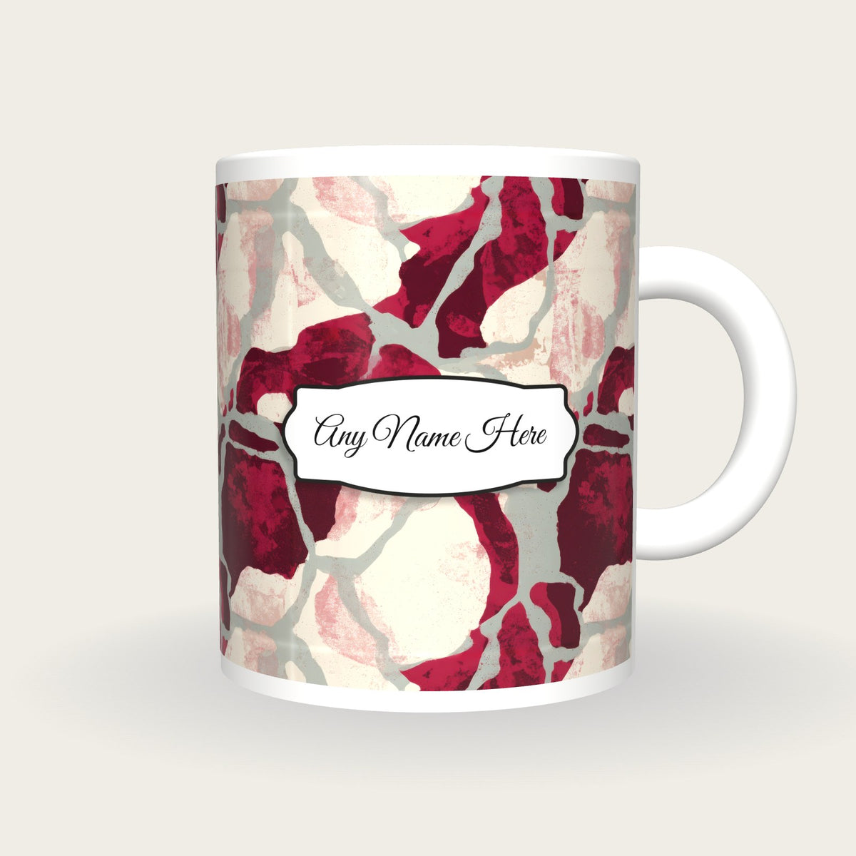 Woodblock Garnet Abstract Name Mug 2, front with the name label