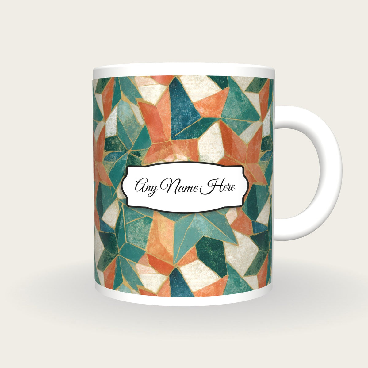 Egg Tempera Pentagrams Folds Name Mug, front with the name label