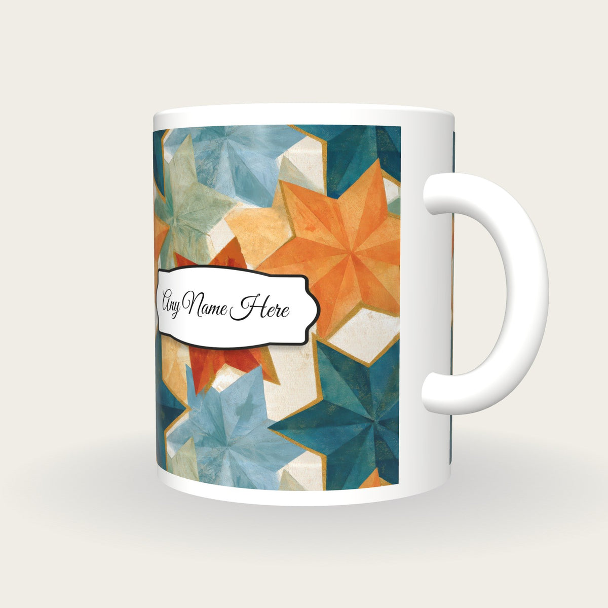 Egg Tempera Pentagrams Folds Name Mug 2, three-quarter view