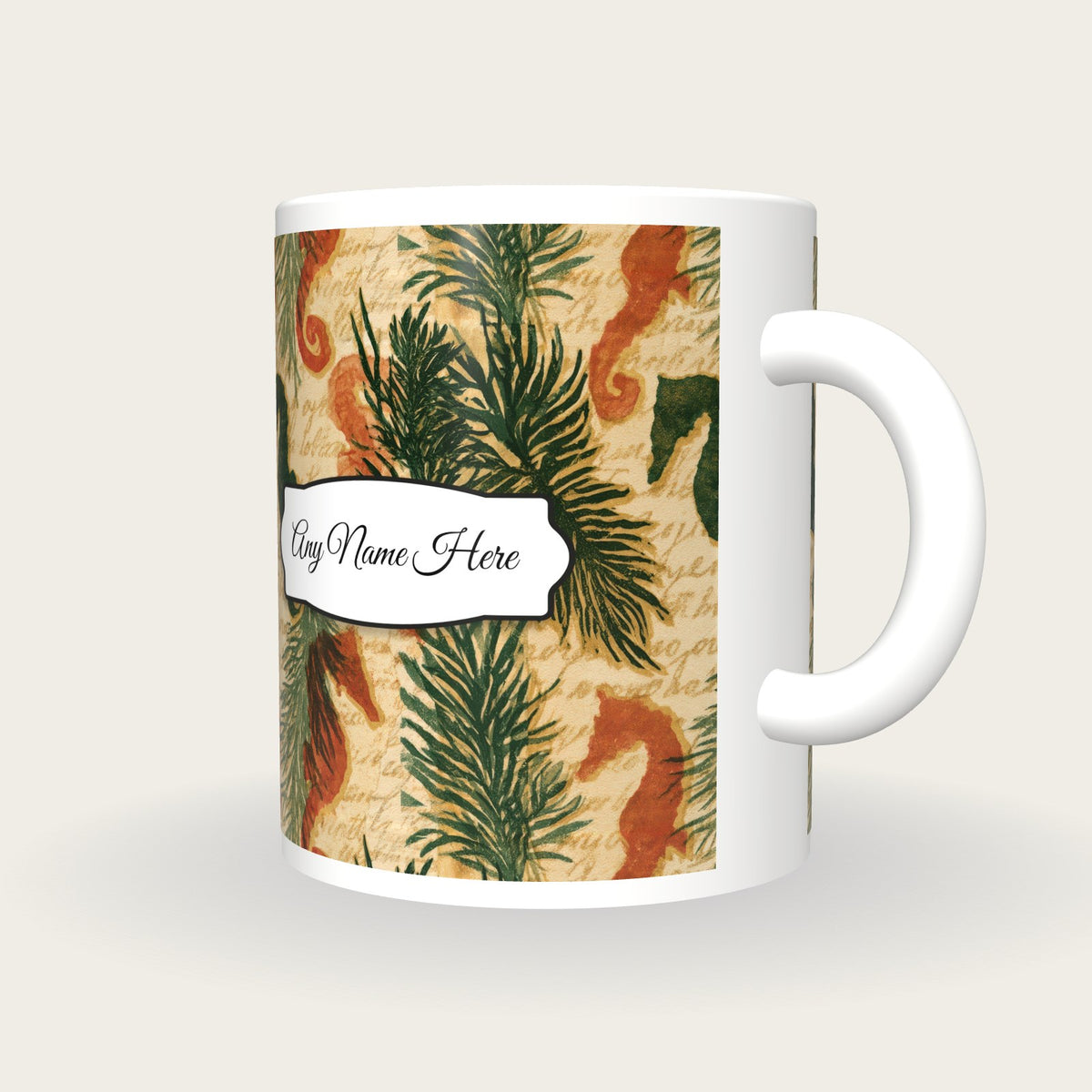 Linocut Italian Seahorse Name Mug, three-quarter view