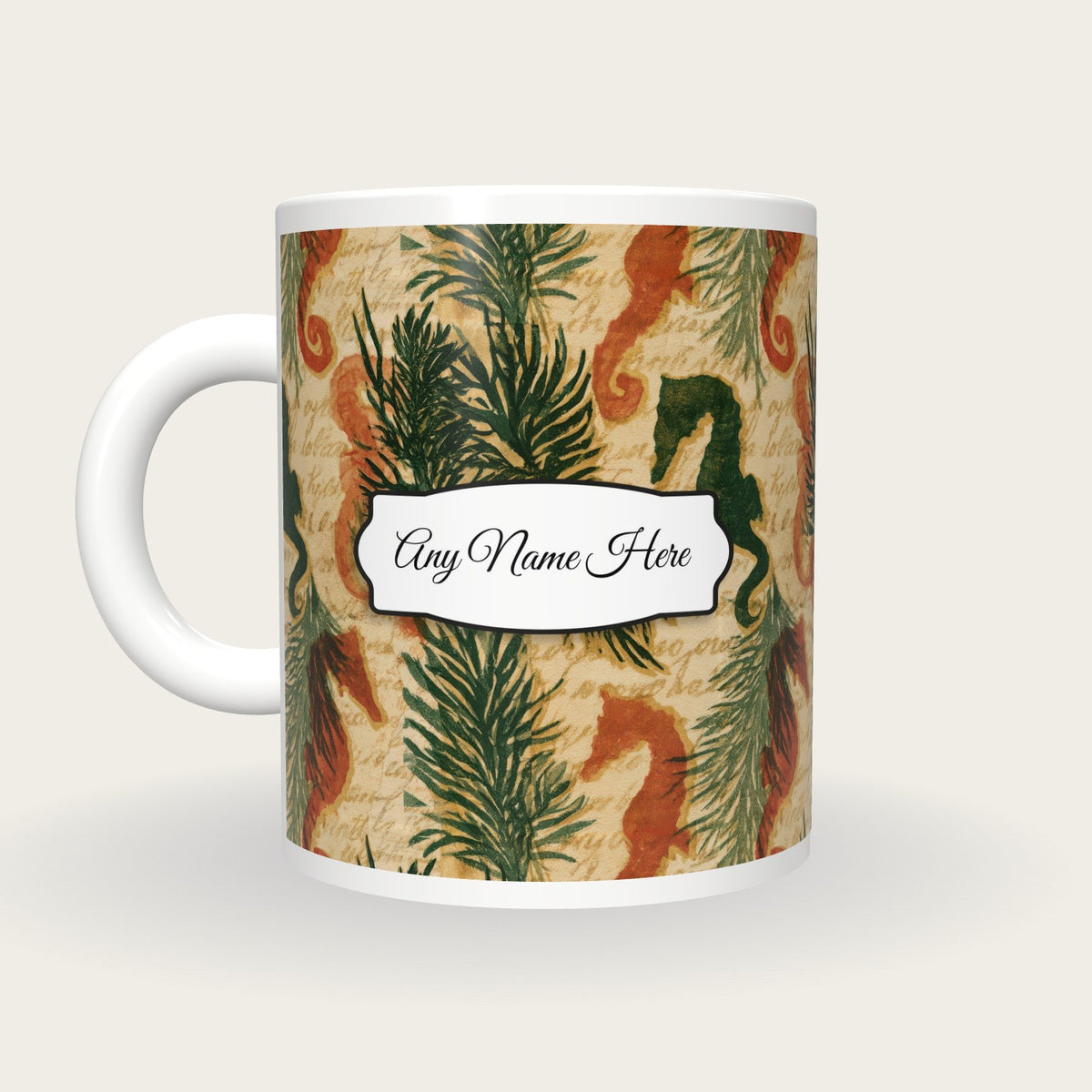 Linocut Italian Seahorse Name Mug, back with the second name label