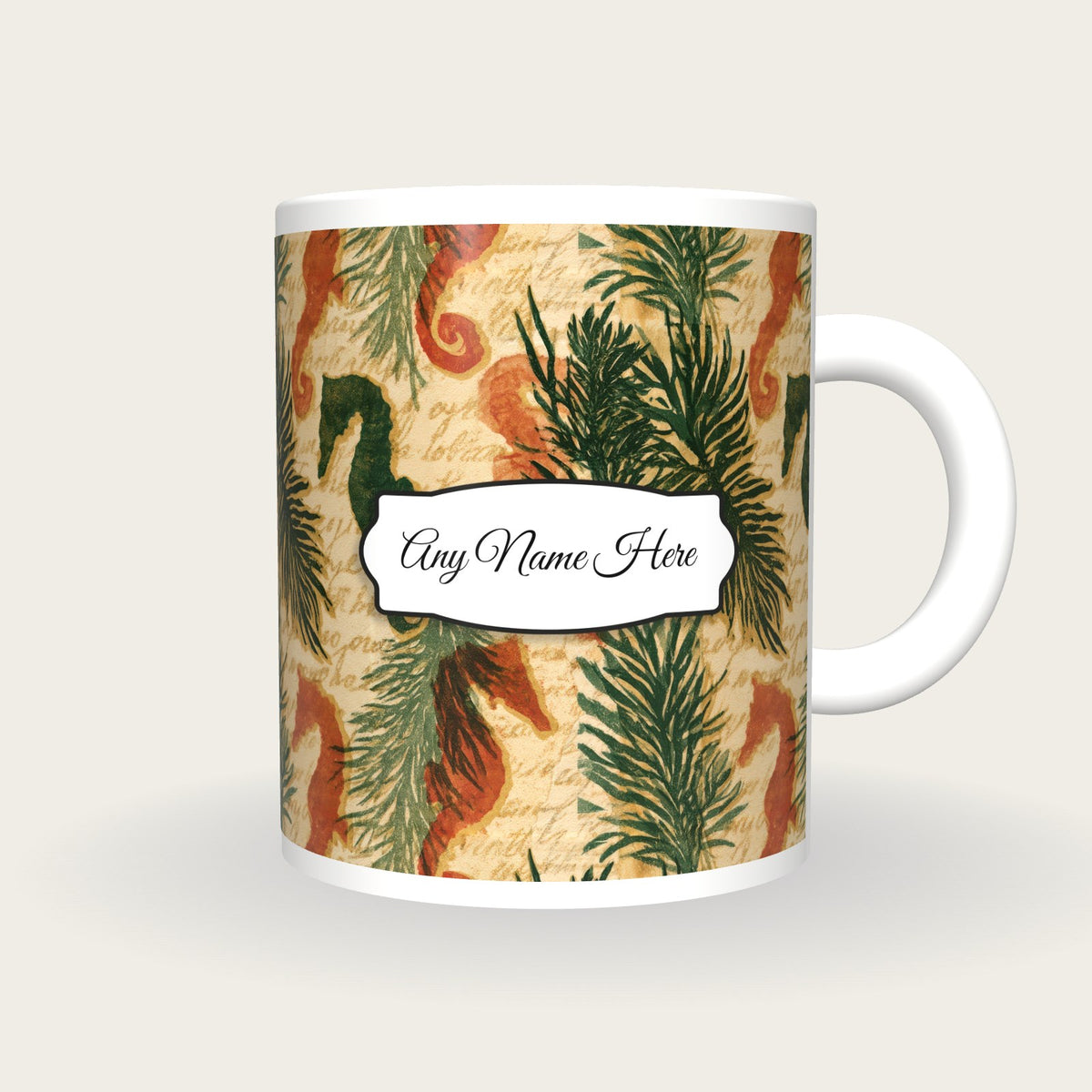 Linocut Italian Seahorse Name Mug, front with the name label