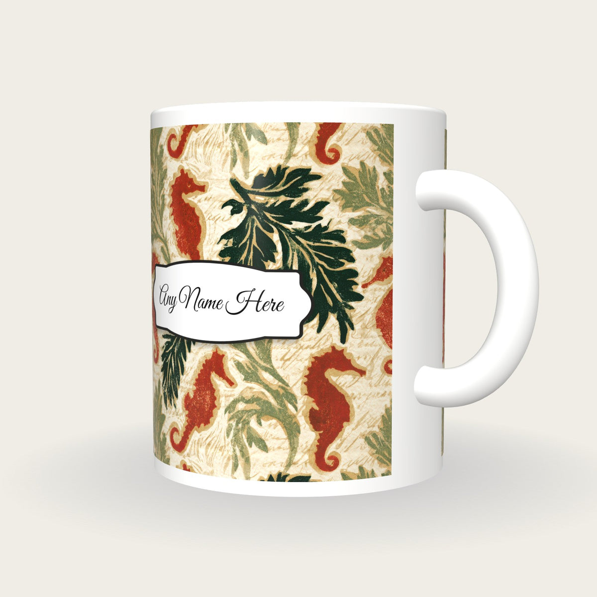 Linocut Italian Seahorse Name Mug 2, three-quarter view