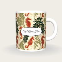 Linocut Italian Seahorse Name Mug 2, front with the name label