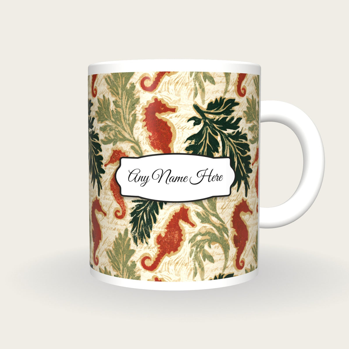 Linocut Italian Seahorse Name Mug 2, front with the name label