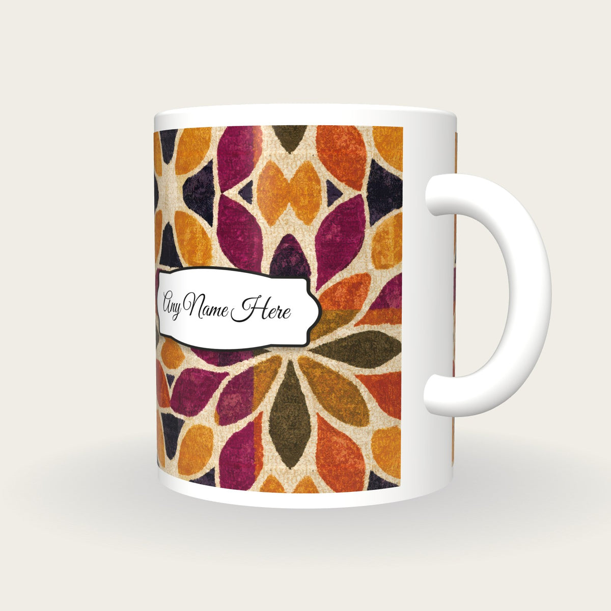 Mandala Amber Abstract Name Mug 3, three-quarter view