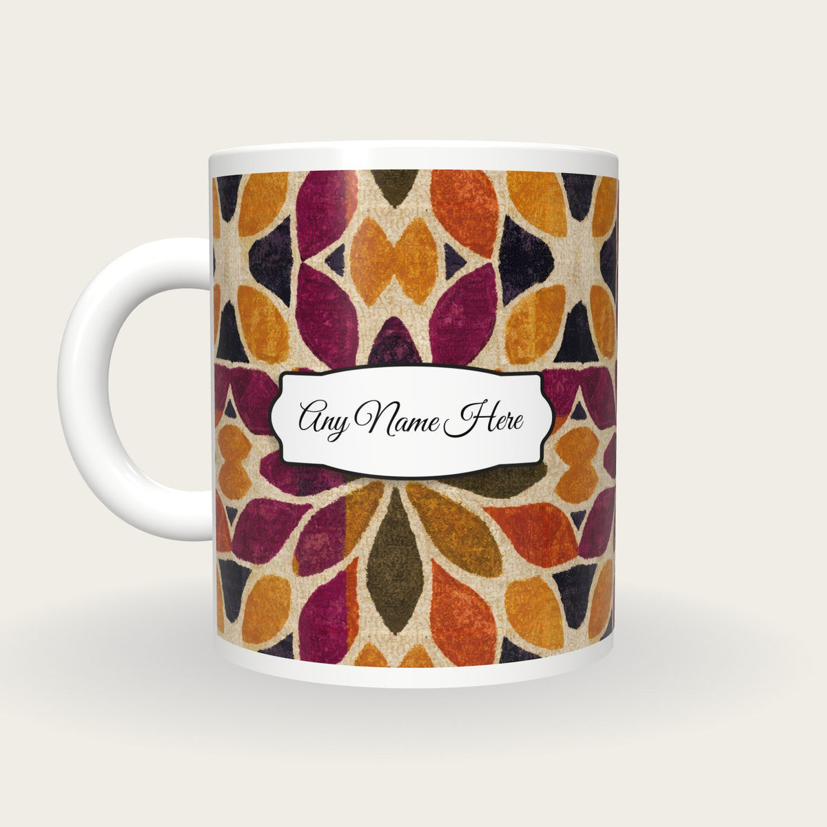 Mandala Amber Abstract Name Mug 3, back with the second name label
