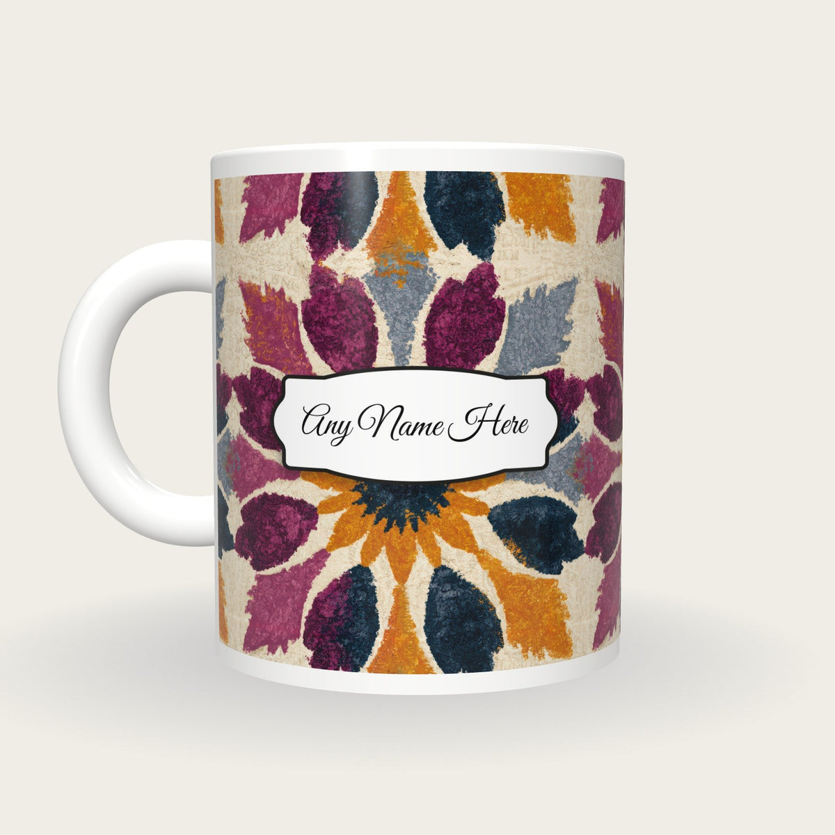 Mandala Amber Abstract Name Mug 2, back with the second name label