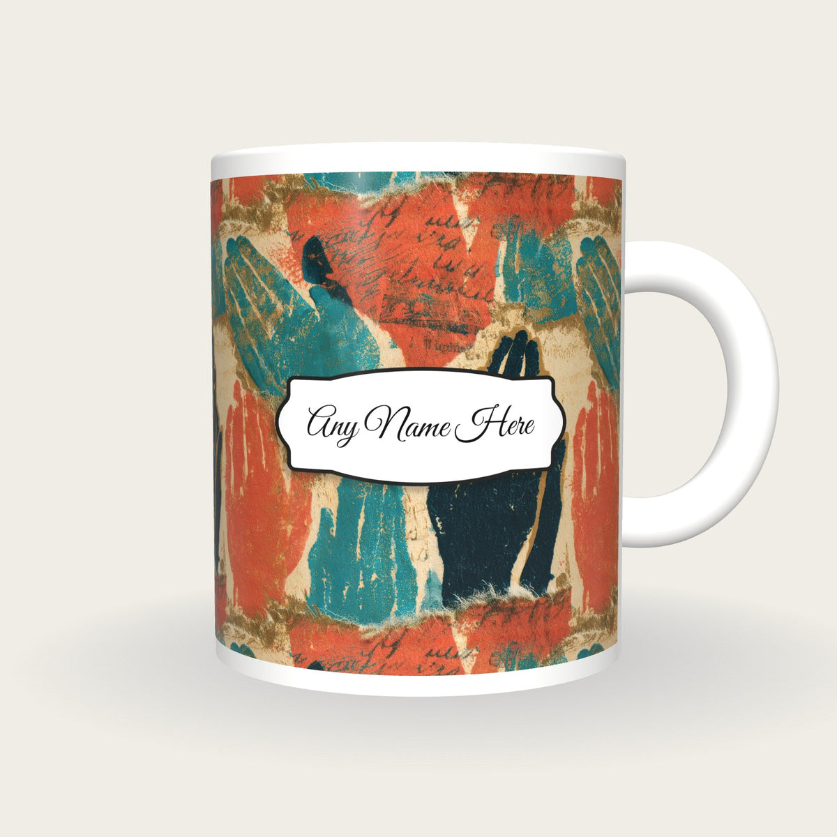 Torn Paper Praying Hands Name Mug, front with the name label