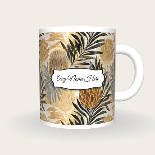 Batik Banksia Name Mug, front with the name label