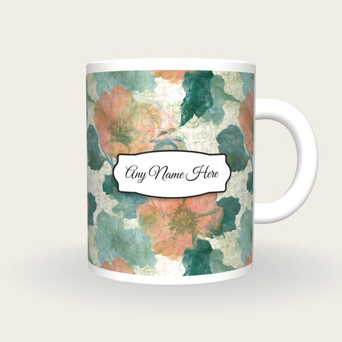 Batik Hellebores Name Mug, front with the name label