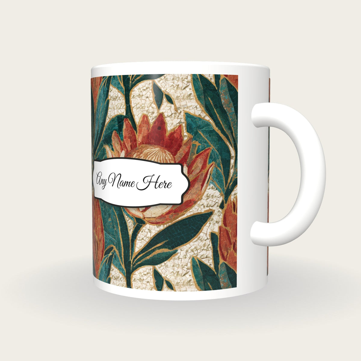 Mosaic Protea Name Mug, three-quarter view
