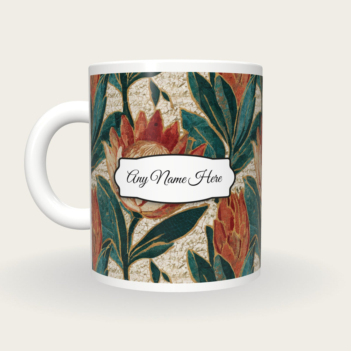 Mosaic Protea Name Mug, back with the second name label