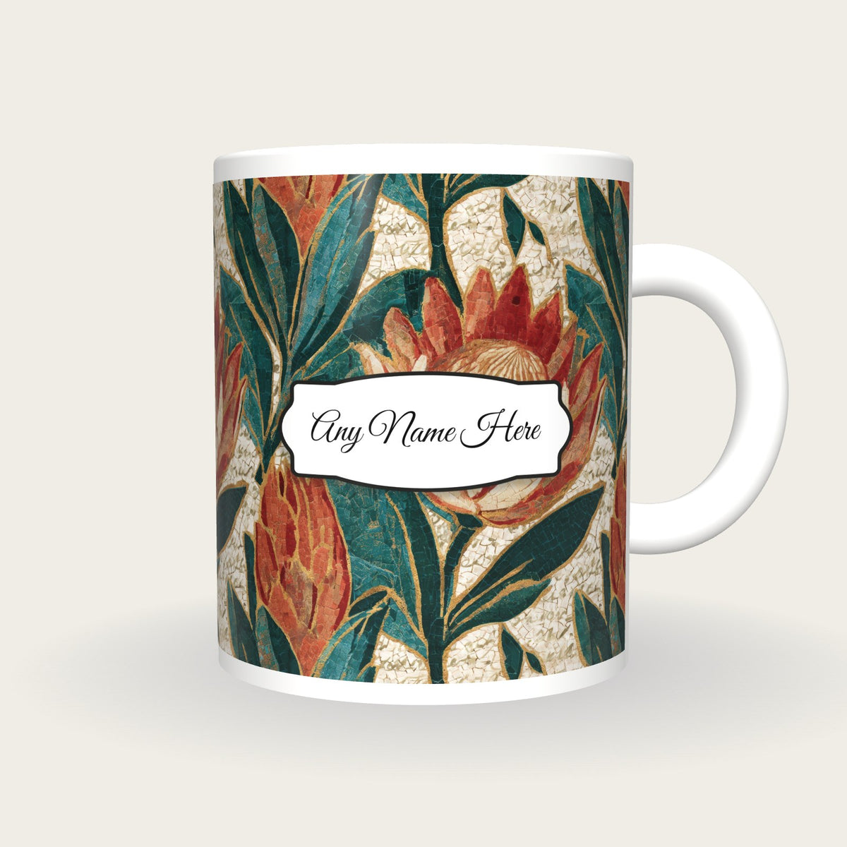Mosaic Protea Name Mug, front with the name label