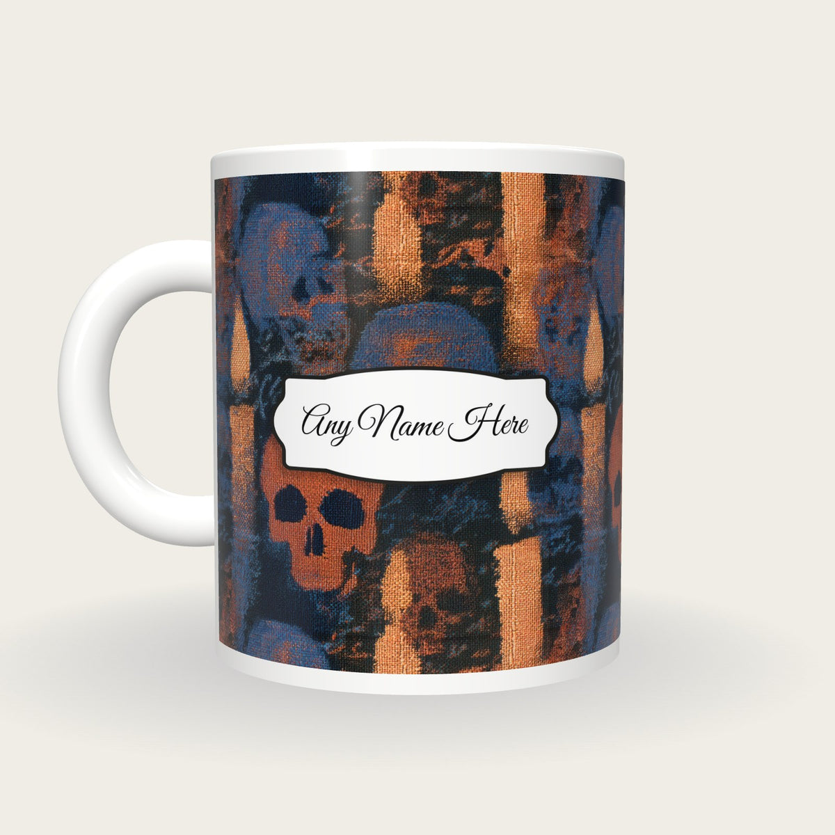 Tapestry Skulls Candles Name Mug, back with the second name label