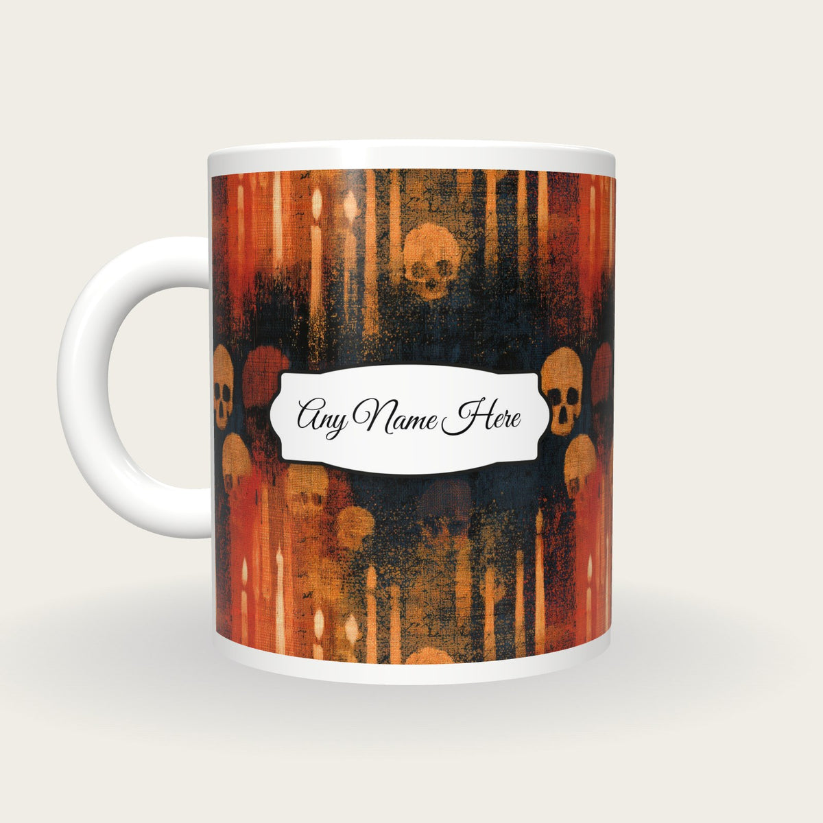 Tapestry Skulls Candles Name Mug 2, back with the second name label