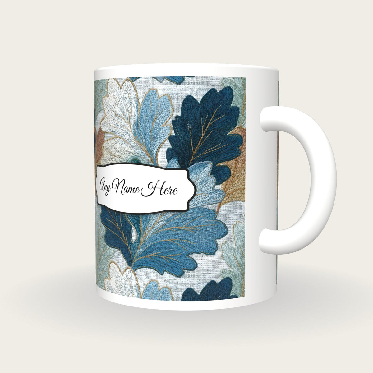 Embroidery Oak Leaves Name Mug 2, three-quarter view